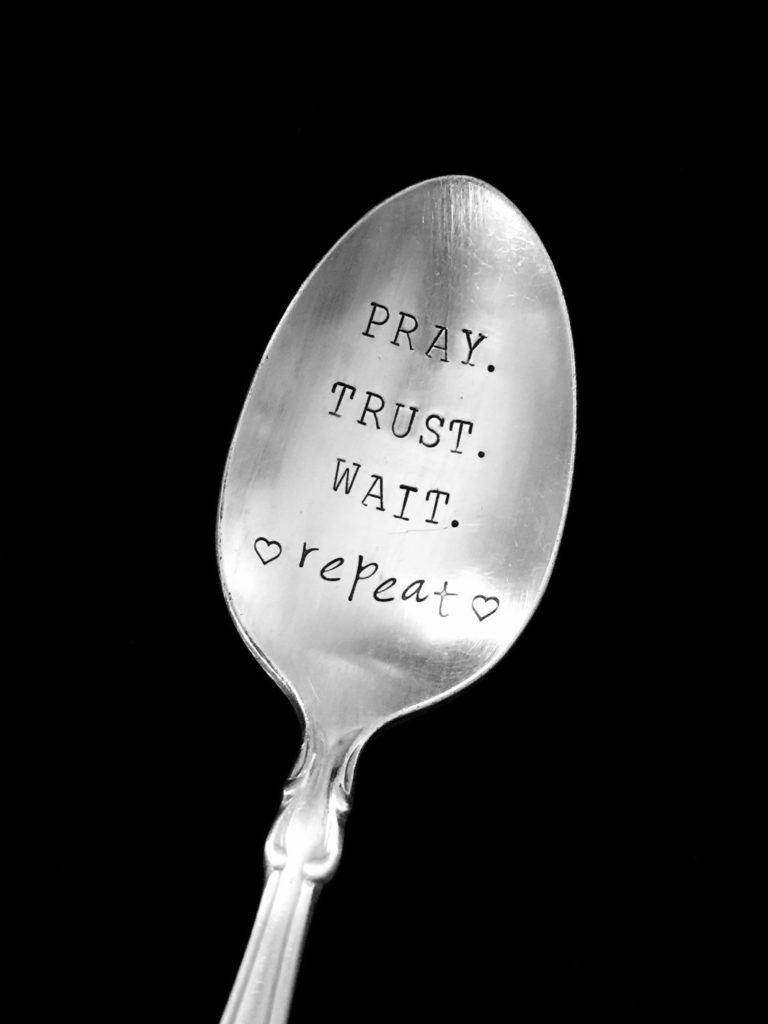 Pray trust wait repeat hand stamped silverware vintage spoon message reused up cycled