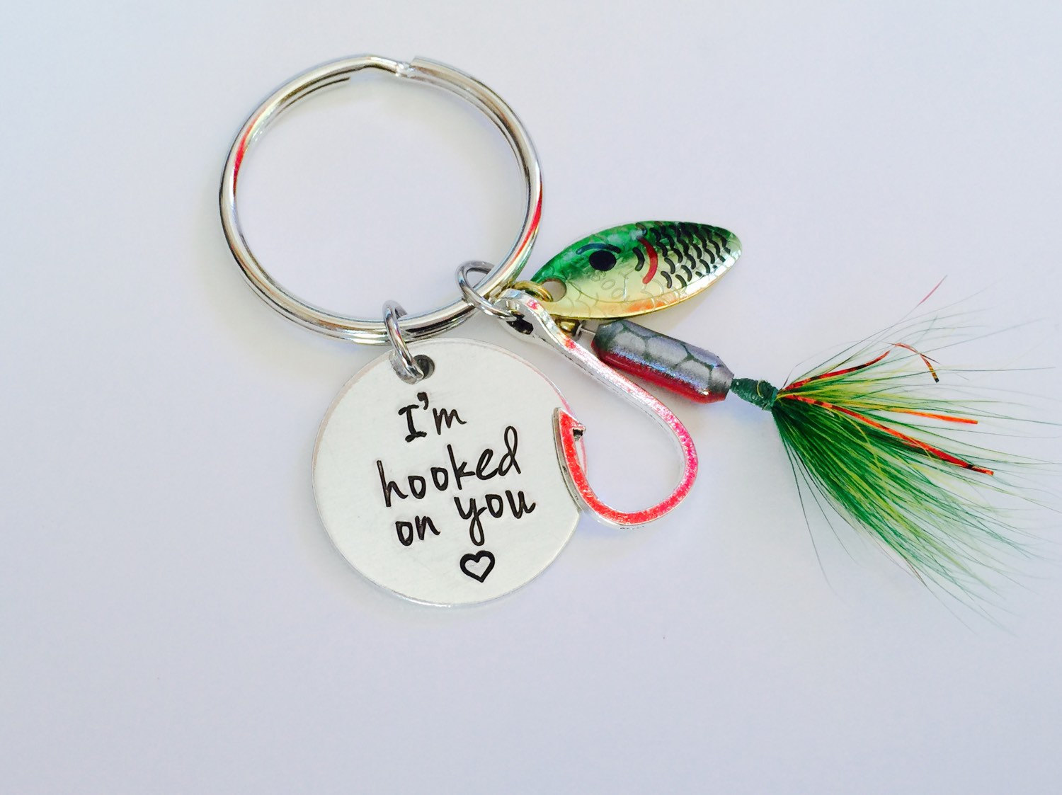 fishing gift – fishing lure- I'm hooked on you – hand stamped key