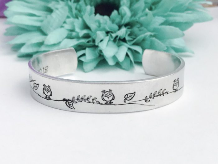 owl bracelet   -  Hand Stamped Bracelet Aluminum Cuff - Inspiration hand stamped cuff owl with vine,  branch, leaves, floral stamped down