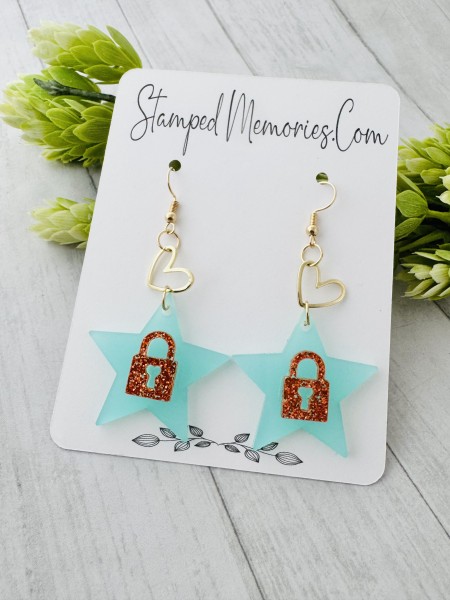 Teal and orange padlock earrings, dangle earrings, orange glitter earrings, star earrings, lock earrings - Image 4