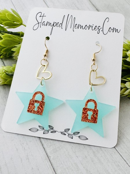 Teal and orange padlock earrings, dangle earrings, orange glitter earrings, star earrings, lock earrings - Image 3