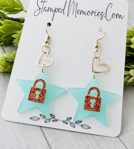 Teal and orange padlock earrings, dangle earrings, orange glitter earrings, star earrings, lock earrings