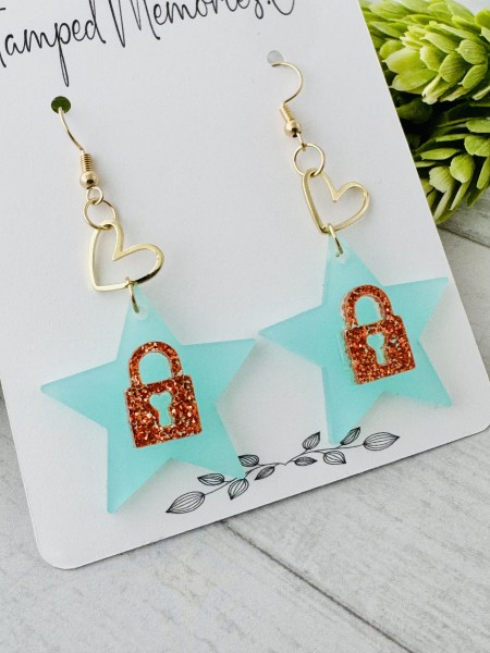 Teal and orange padlock earrings, dangle earrings, orange glitter earrings, star earrings, lock earrings - Image 2
