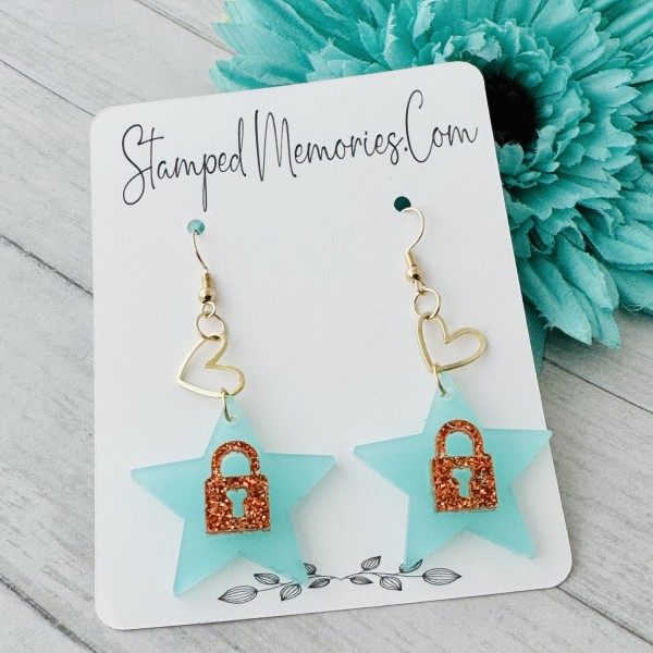Teal and orange padlock earrings, dangle earrings, orange glitter earrings, star earrings, lock earrings - Image 5