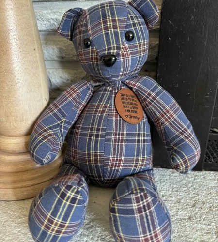 Memory bear, hand sewn from your clothing, loss of loved one’s memory, 15” handmade bear